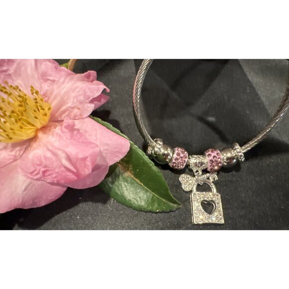 Mint Stainless Steel Heart PadLock Crystals Charm Silvertone Bangle Bracelet NEW - Picture 3 of 6
